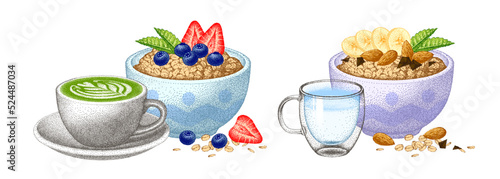 Set of healthy breakfasts, berry and fruits. Oatmeal porridge. Matcha latte and milk or yogurt. Granola bowl. Muesli flakes, oat grain. Vector sketch.