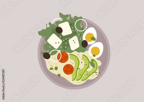 A top view of a vegetable salad with quinoa and eggs, healthy eating