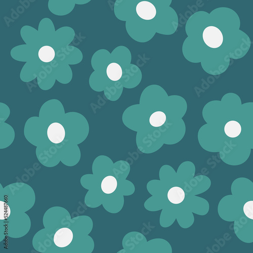 Pine Green Cartoon Flowers on Blue Background, Seamless Pattern Vector. Simple Modern Floral Print Design.