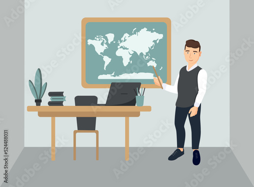 Geography lesson at school - cartoon cute characters illustration with a young teacher. Classroom with different visual aids, board, desk, books.