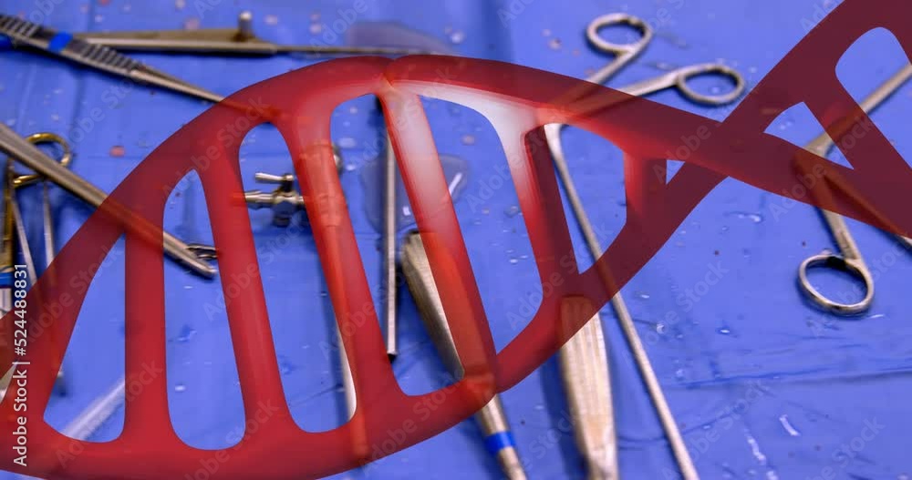 Animation of dna strand over surgical instruments Animation of dna strand over surgical instruments