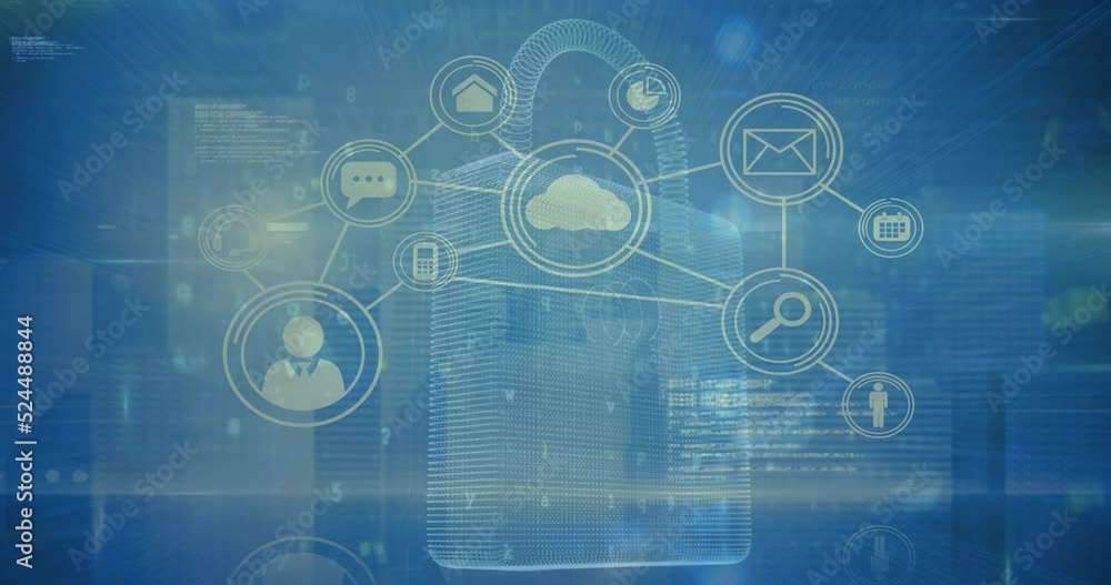 Animation of data processing and network of connections over padlock icon on blue background Animation of data processing and network of connections over padlock icon on blue background
