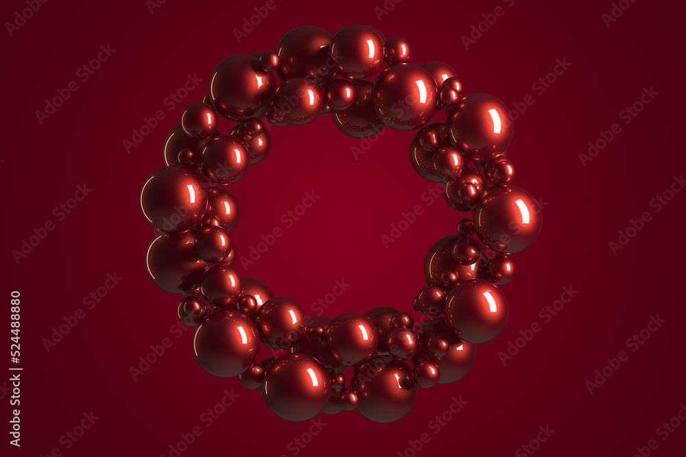 3D rendering. Simple red glossy ornament ball wreath. Festive Christmas background. Holiday banner. Design banner, cover, wallpaper. 3D rendering. Simple red glossy ornament ball wreath. Festive Christmas background. Holiday banner. Design banner, cover, wallpaper.