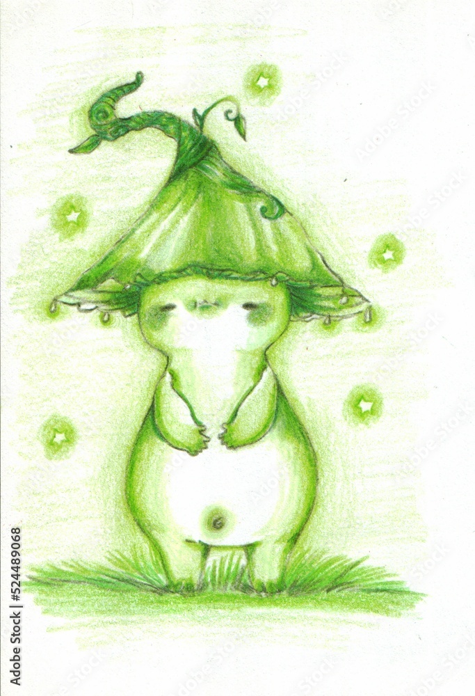 Positive illustration. Green mushroom illustration. Traditional art ...