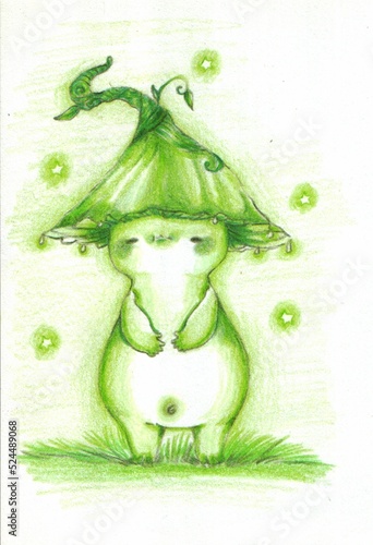 Positive illustration. Green mushroom illustration. Traditional art. Collection of rainbow mushrooms photo