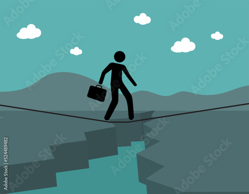 walking on string, risk concept, balancing, businessman, vector illustration