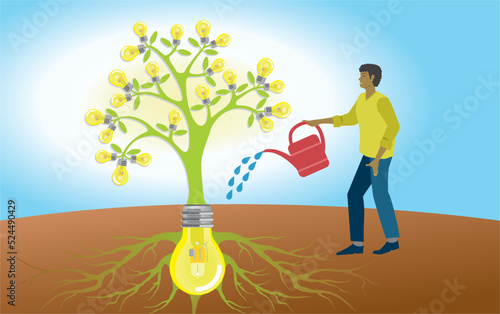 Man watering light bulb tree. Vector illustration.