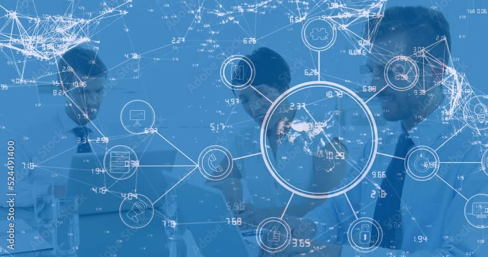 Animation of globe, numbers, connecting dots over caucasian coworkers working over laptop in meeting Animation of globe, numbers, connecting dots over caucasian coworkers working over laptop in meeting