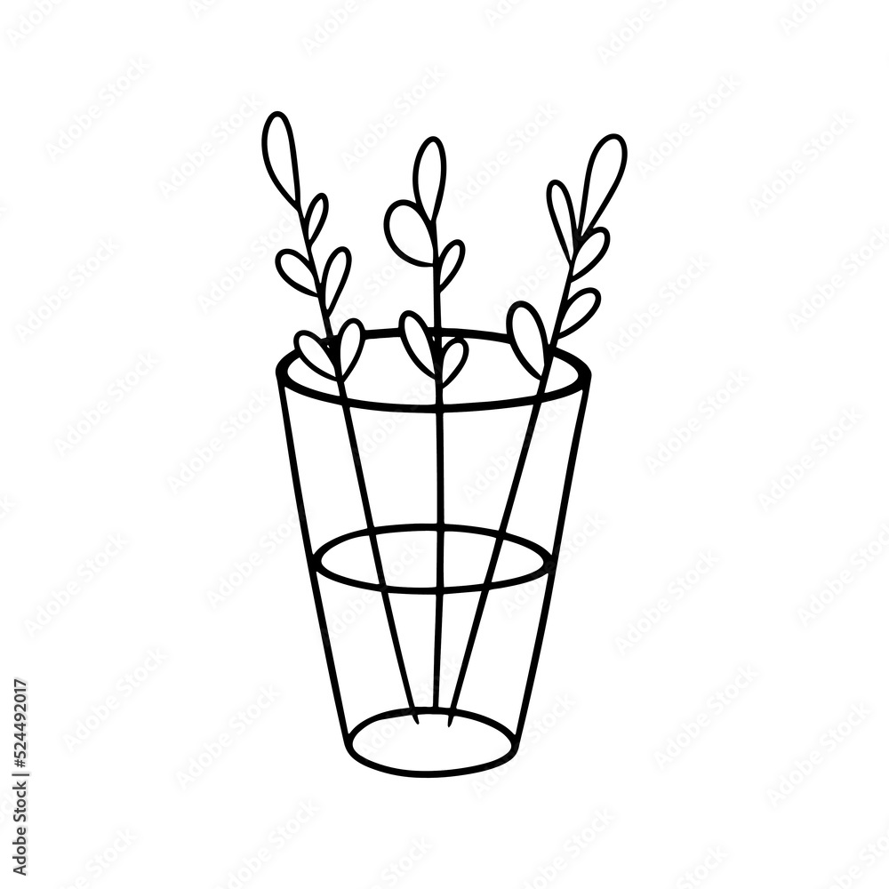 Monochrome illustration, Simple twigs with autumn leaves in a tall glass vase, vector cartoon Monochrome illustration, Simple twigs with autumn leaves in a tall glass vase, vector cartoon