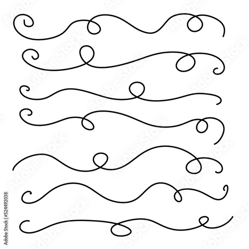 A collection of vector dividers with curls, hand-drawn with a black line