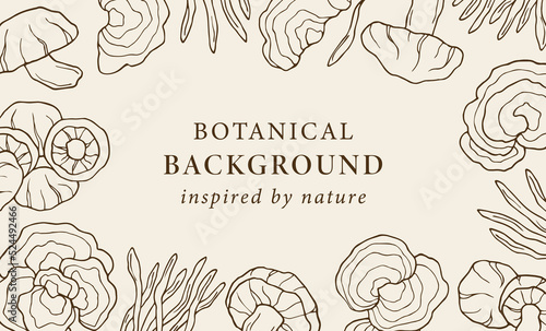 Hand drawn mushrooms background. Shiitake, turkey tail, cordyceps, reishi