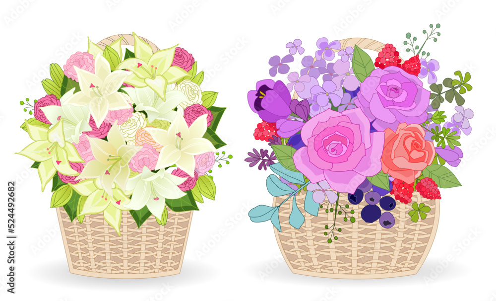 collection of gift wicker baskets with bunches of beautiful flow