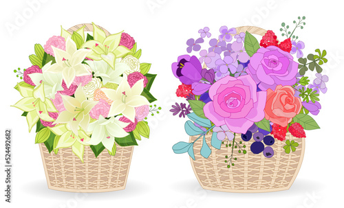 collection of gift wicker baskets with bunches of beautiful flow