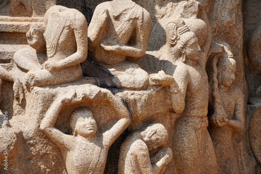 Descent of the Ganges: A giant open-air rock bas relief carved on two monolithic rocks in Mahabalipuram. It contains sculptures of animals, God, people and half-humans carved in the rock relief.