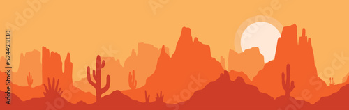 Desert Landscape Orange Sunset Cactus Nature Wallpaper Vector Illustration
