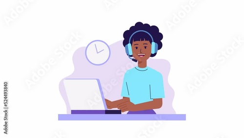 Call center operator female character animation, hotline flat cartoon design. Smiling office worker with headset, computer. online customer support. Assistant callback client Help center. home office