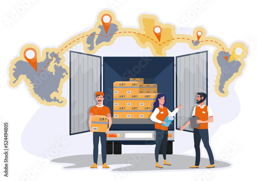 International shipping, online delivery service concept. Logistics. Fast delivery. Truck with boxes. Unloading. Courier. Flat vector illustration.