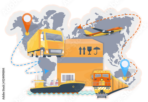 International logistics. Online delivery service. Truck, cargo plane, cargo ship, train. Global shipment. Freight, goods delivery. Banner, ad, landing page. Vector illustration. photo