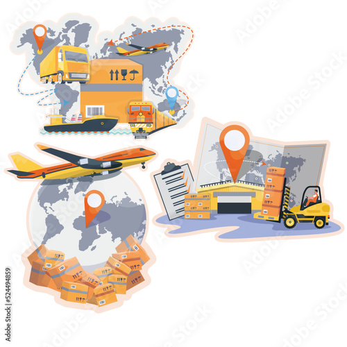 International logistics. Online delivery service. Truck, cargo plane, cargo ship, train. Global shipment. Freight, goods delivery. Banner, ad, landing page. Vector illustration.