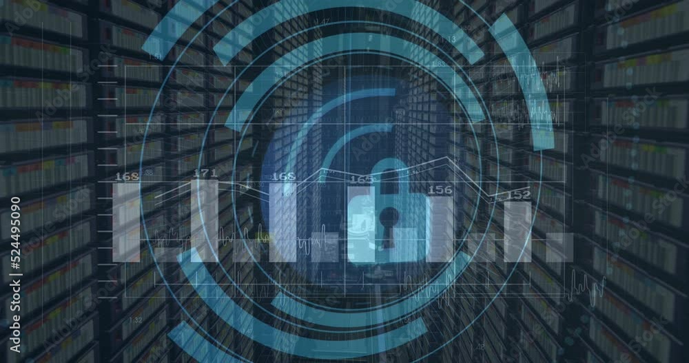 Animation of scope scanning with padlock icon over graph and server room Animation of scope scanning with padlock icon over graph and server room