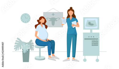 a pregnant patient sits on an examination, the doctor gives her the results of an ultrasound analysis, a poster with the pelvic organ on the wall