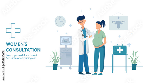 inscription female consultation medical cross sign ultrasound machine and gynecological poster pregnant patient at the doctors appointment