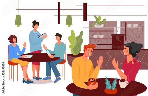 Customers sitting at tables in a cafe or restaurant, vector flat illustration.