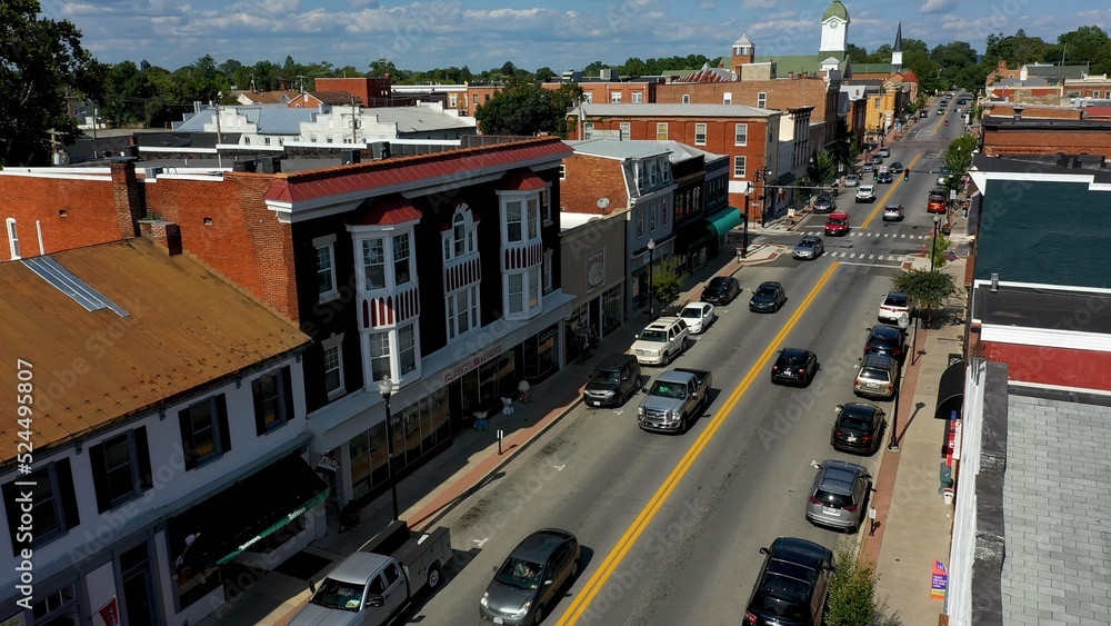 Low aerial view of main street usa, Charles Town, West Virginia, WV on a beautiful sunny day. Low aerial view of main street usa, Charles Town, West Virginia, WV on a beautiful sunny day.