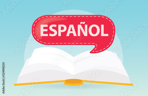 espanol (spanish language) written on speech bubble over open book, concept of learning language- vector illustration