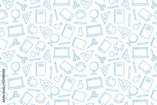 back to school seamless pattern, laptop, notebbok, scissors, pencil, brush, microscope, globe, book, triangle ruler icons - vector illustration