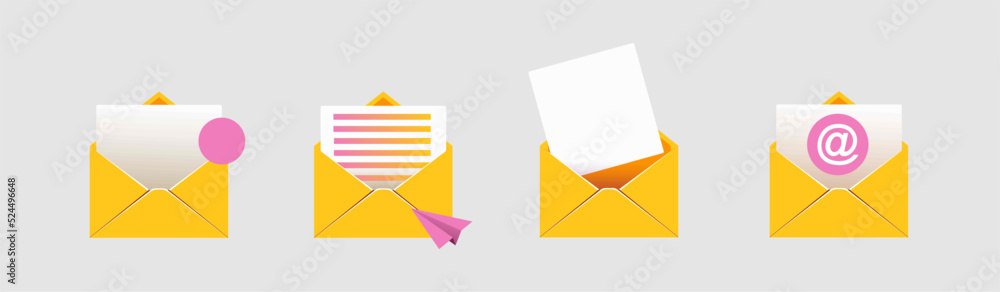open mail envelope icon set with marker new message
 isolated on grey background. Render email notification
 with letters, check mark, paper plane and magnifying glass.
 realistic vector
