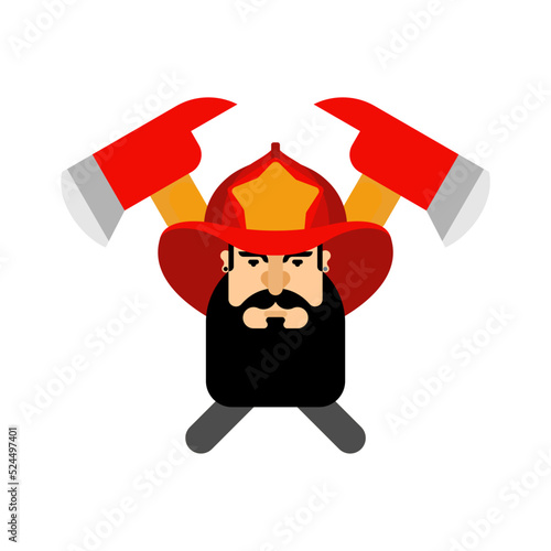 Firefighter in helmet sign. Fire ax and flame. Fire department symbol. fireman emblem