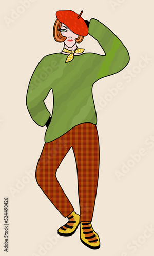 Vector bright illustration of young woman in autumn outfit isolated on light background.