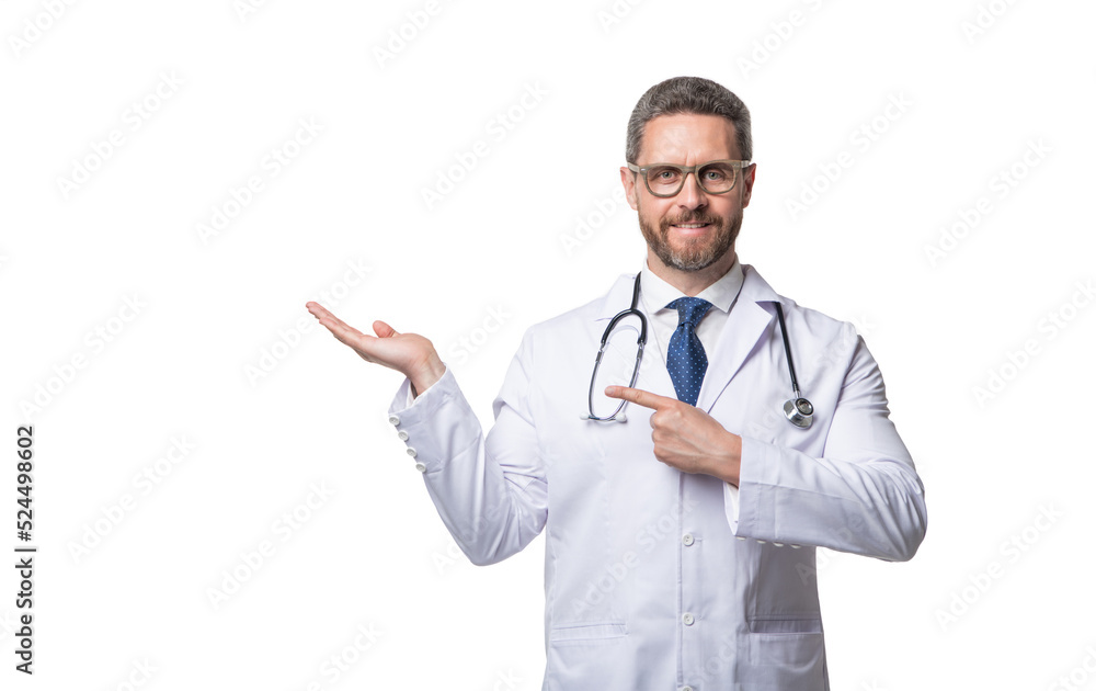 happy physician with stethoscope. physician isolated on white. medical physician point finger happy physician with stethoscope. physician isolated on white. medical physician point finger