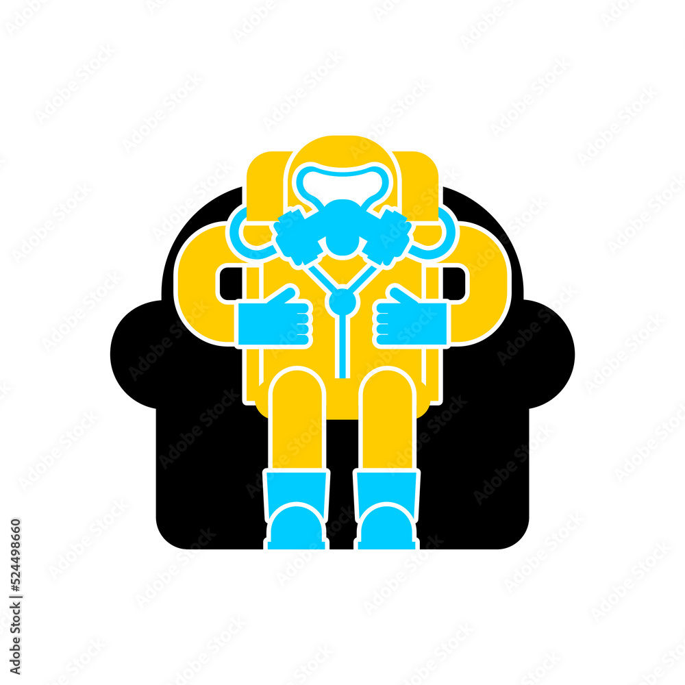 Man in radiation-protective suit sits on chair. Concept after nuclear war. Man in radiation-protective suit sits on chair. Concept after nuclear war.