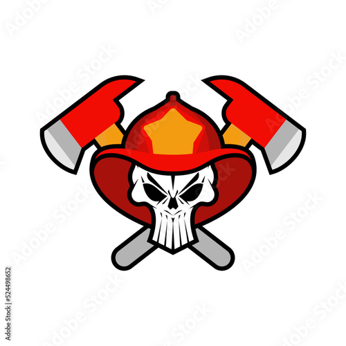 Firefighter Skull in helmet sign. Fire ax and flame. Fire department symbol. fireman emblem