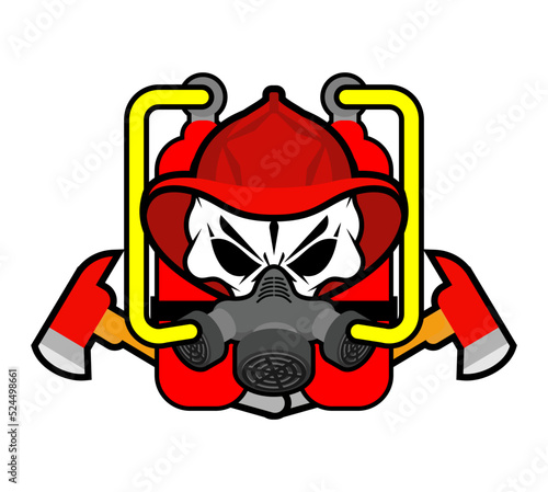 Firefighter Skull in helmet sign. Fire ax and flame. Fire department symbol. fireman emblem