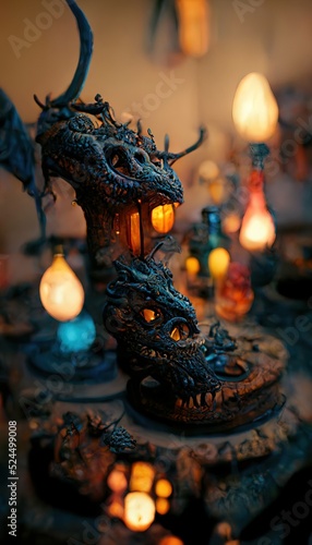 A 3D Illustration of a Dragon statue with the warm lamp standing on the top of the table