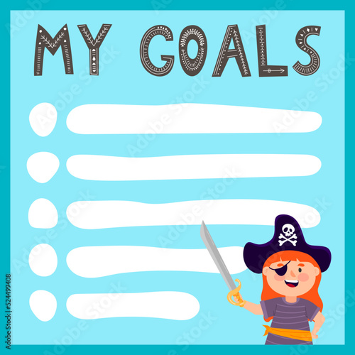 Vector set of weekly planner, to do list, note, background with doodle pirate print. School planner with doodle sketch. My goals. Pirate with sword.