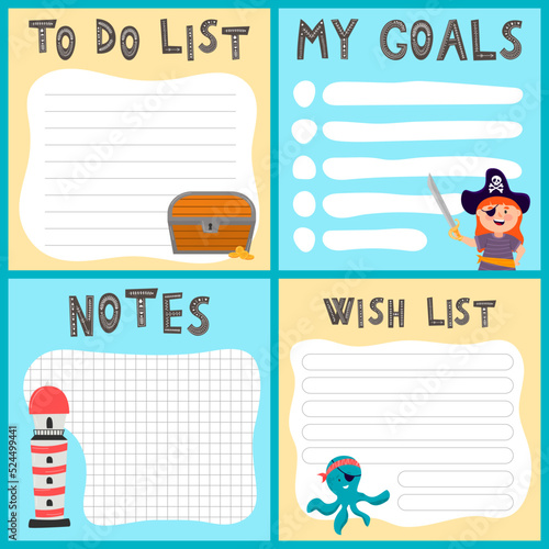 Vector set of weekly planner, to do list, note, wish list, goals background with doodle pirate print. School planner with doodle sketch. A map with a hand-drawn sketch of pirate items.