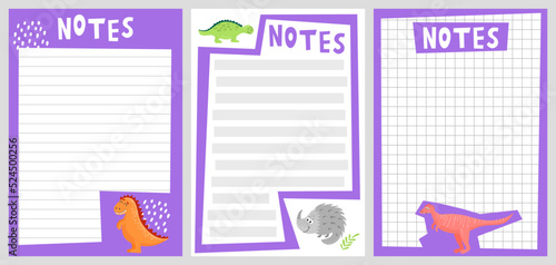 Cute notepad, notebook with dinosaur, cartoon style. Kawaii stationery. Trendy modern vector illustration isolated on white background, hand drawn, flat design. Violet color. Set of blanks