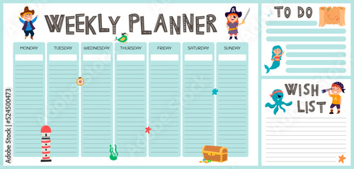 Vector set of weekly planner, to do list, note, wish list, goals background with doodle pirate print. School planner with doodle sketch. A map with a hand-drawn sketch of pirate items. White backgound