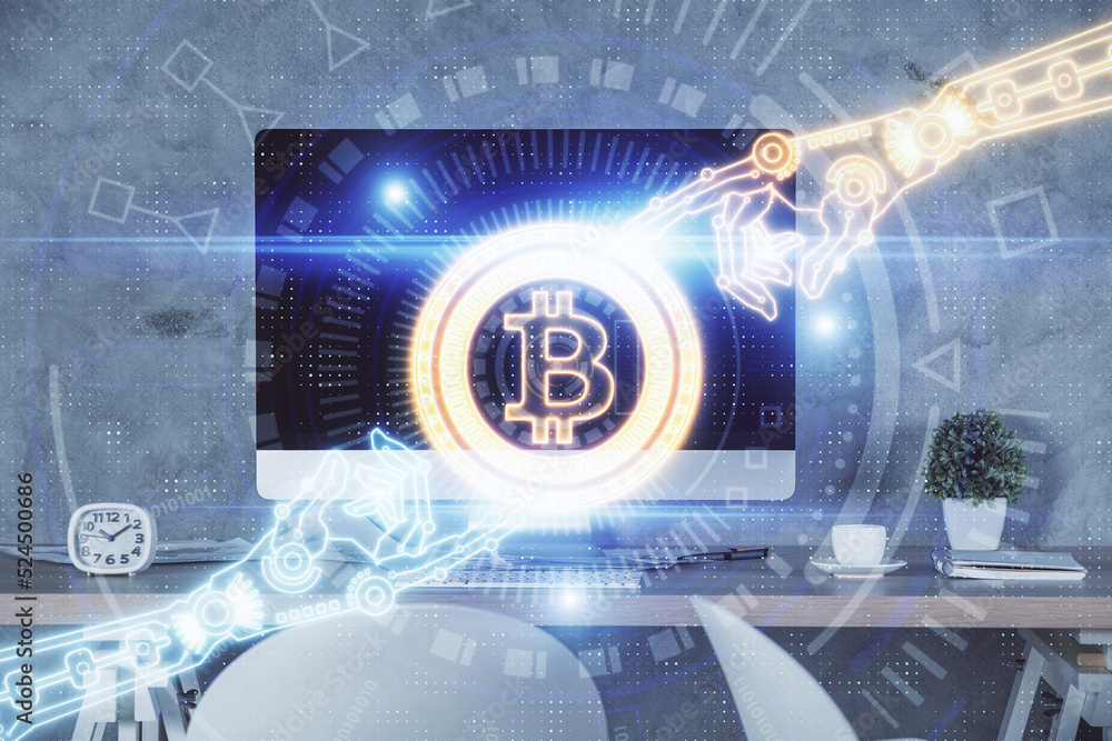 Double exposure of crypto technology theme drawing and office interior background. Concept of blockchain. Double exposure of crypto technology theme drawing and office interior background. Concept of blockchain.