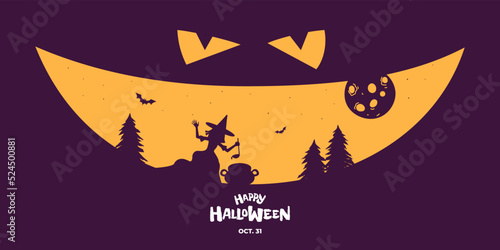 Happy Halloween party horizontal banner design. Jack O Lantern pumpkin scary face on dark background. Witch conjures and brews potion in forest. Traditional October 31 holiday vector eps greeting card