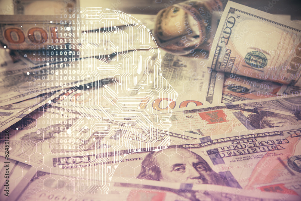 Fototapeta premium Double exposure of brain drawing over us dollars bill background. Technology concept.