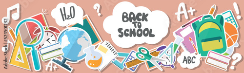 Panorama back to school abstract background concept stickers flat icons. Vector illustration