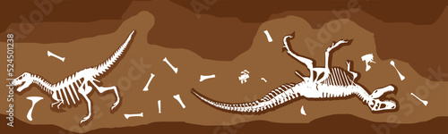 Panorama of the earth with dead prehistoric animals. Dinosaur bones. Fossil skeletons of reptiles, tyronnosaurus rex. Vector illustration. flat style