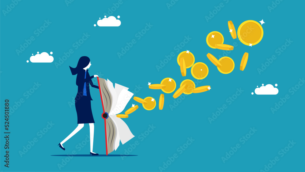 Knowledge produces money. Book businesswoman with money floating out vector