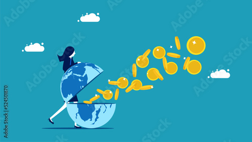 Financial world. Businesswoman open the world of finance. vector illustration