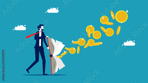 Knowledge produces money. Book businessman with money floating out vector